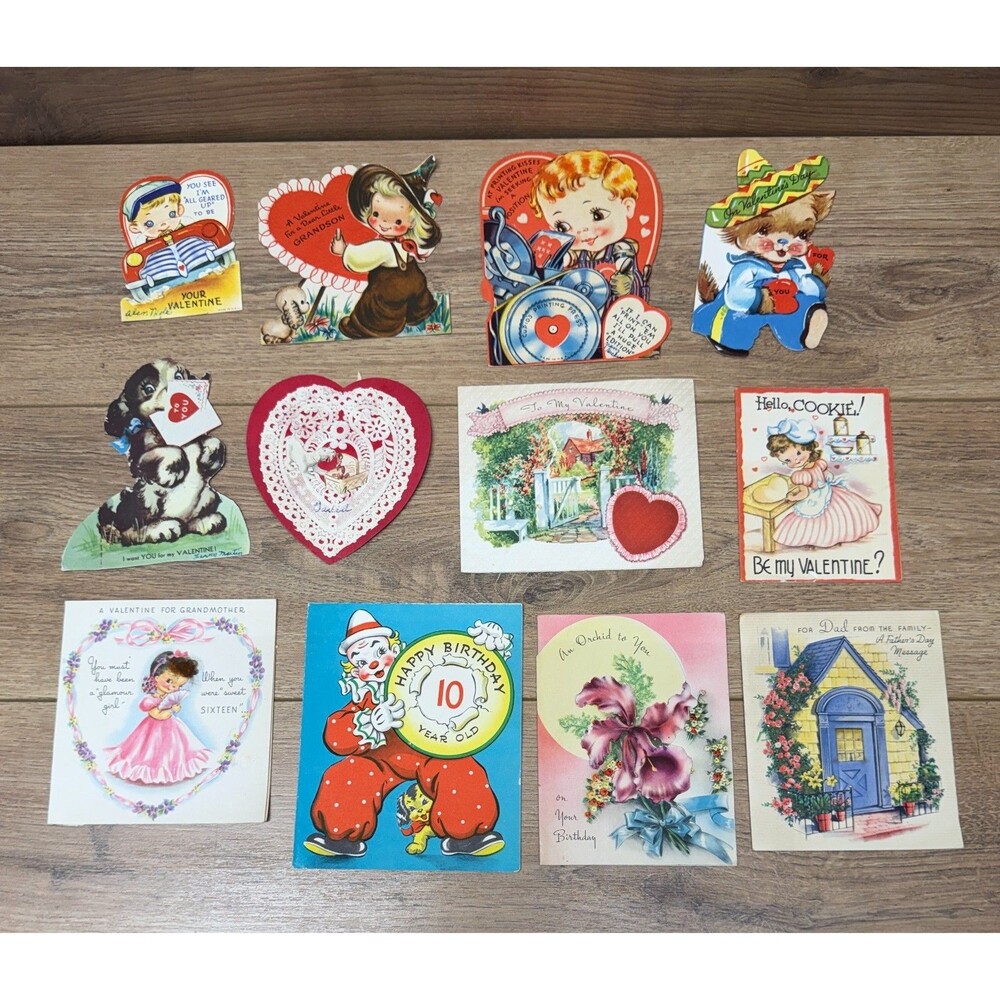 Vintage 1940's Valentine Cards & Birthday Cards Lot of 12 Die-cut Mechanical